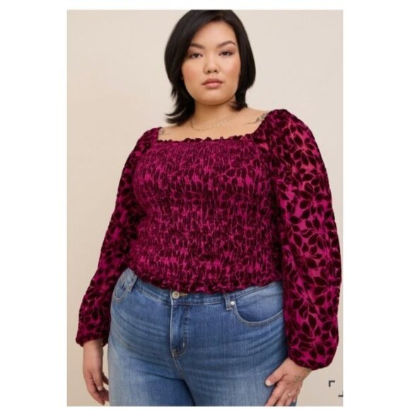 Torrid Womens Size 2x Velvet Smocked Blouson Sleeve Crop Top Burgundy plus - Picture 1 of 14
